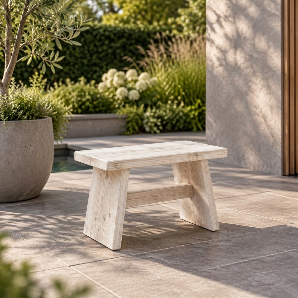 Whitewash steigerhouten krukje op een zonnig terras, naast een grote plantenbak en een tuinmuur.