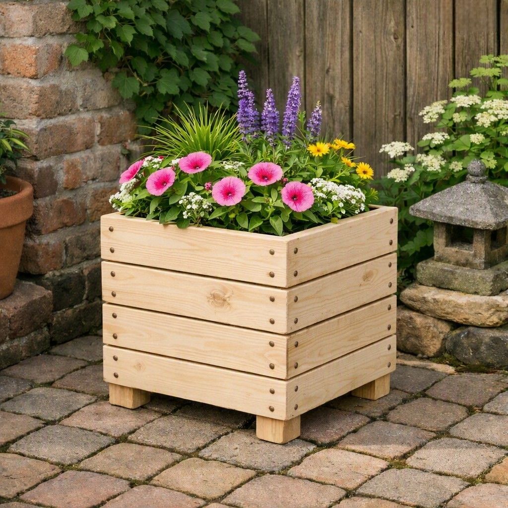 Houten plantenbak met bloeiende roze en gele bloemen op een betegeld terras buiten.