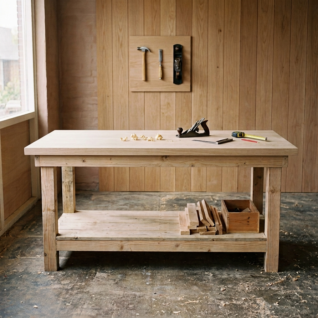 Houten werkbank met gereedschap in een rustieke werkplaats tegen een houten lambrisering.