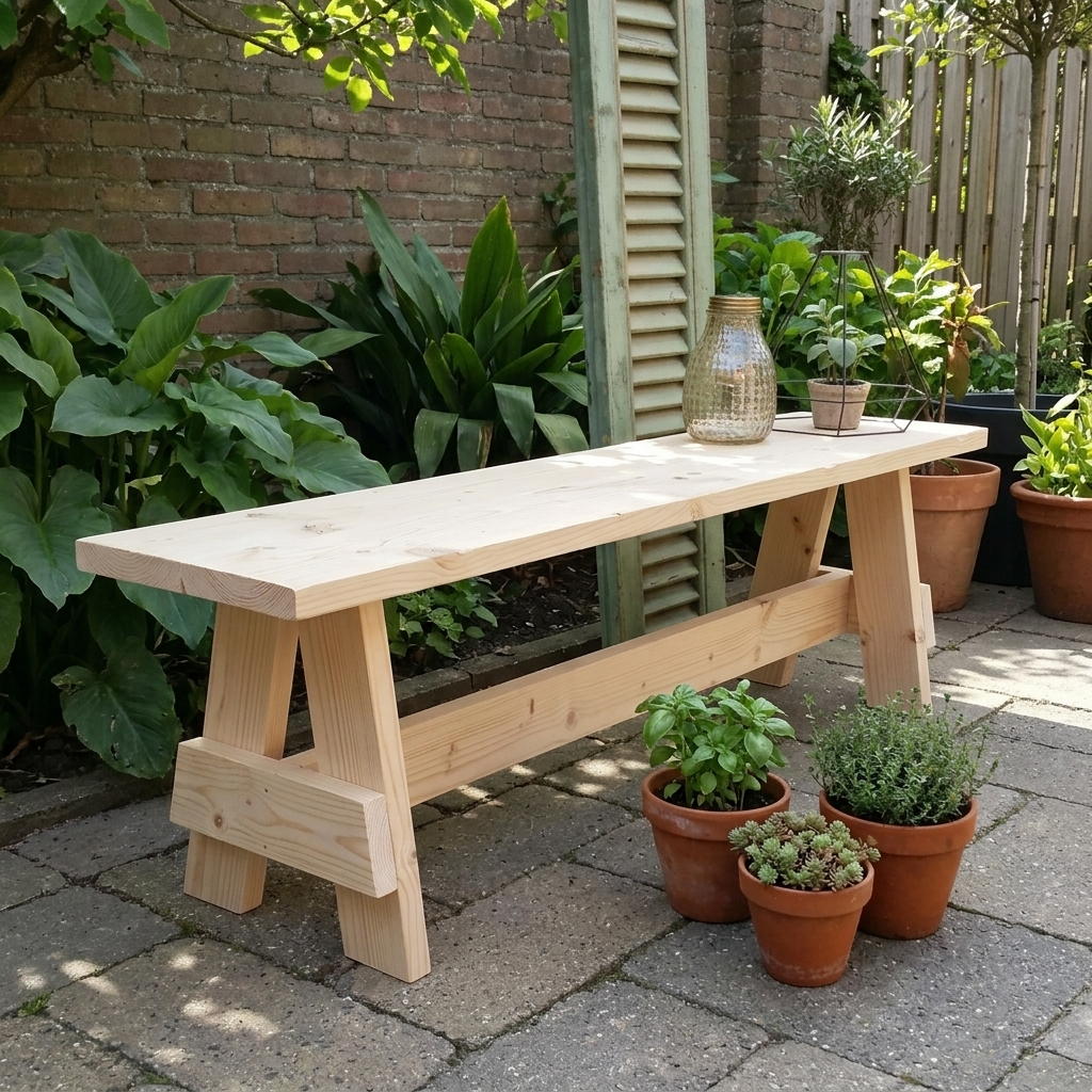 Houten tuinbank naast potplanten op een terras met een bakstenen muur op de achtergrond