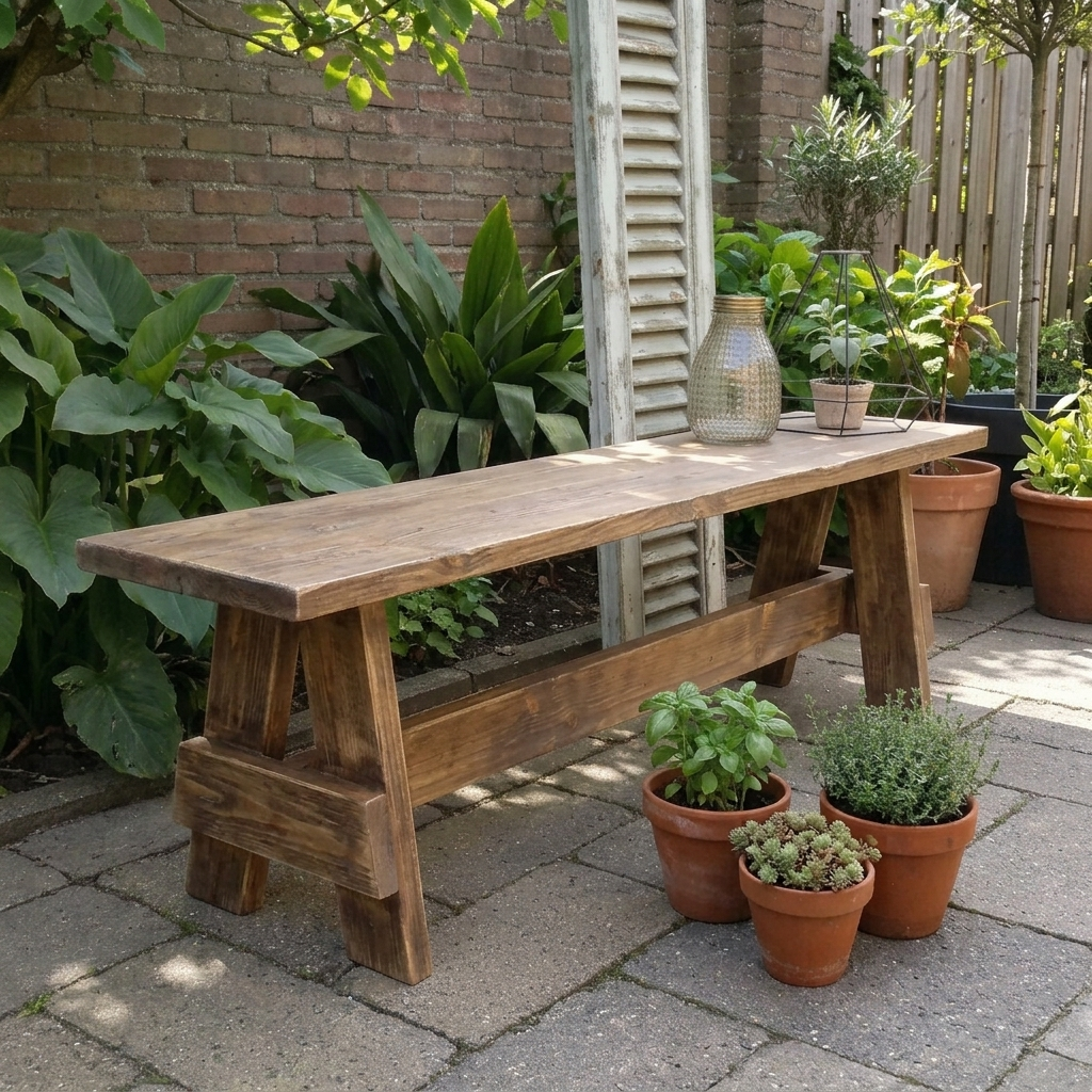 Brownwash Houten tuinbank naast planten in potten op een terras van baksteen, tegen een bakstenen muur en tussen het groen.