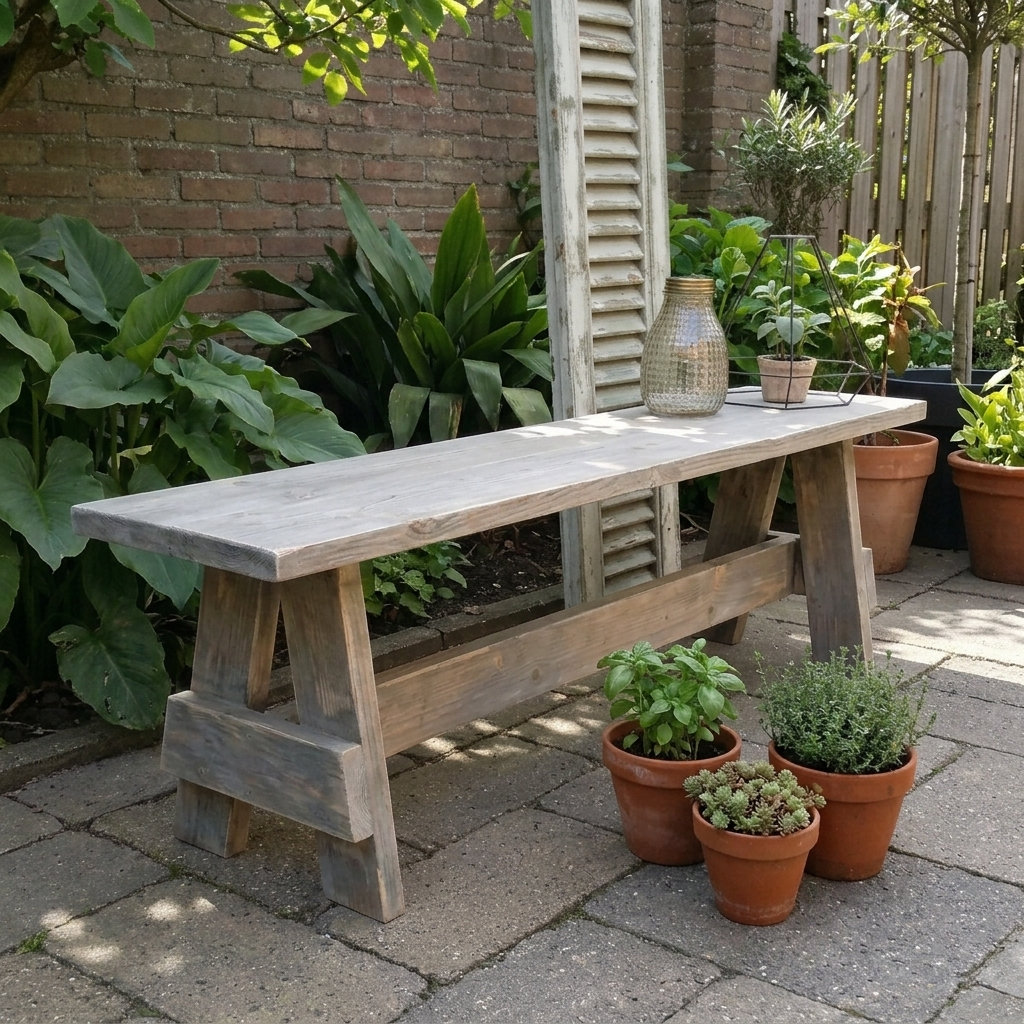 Greywash Houten grijze tuinbank op een terras, met potplanten en groen tegen een bakstenen muur.