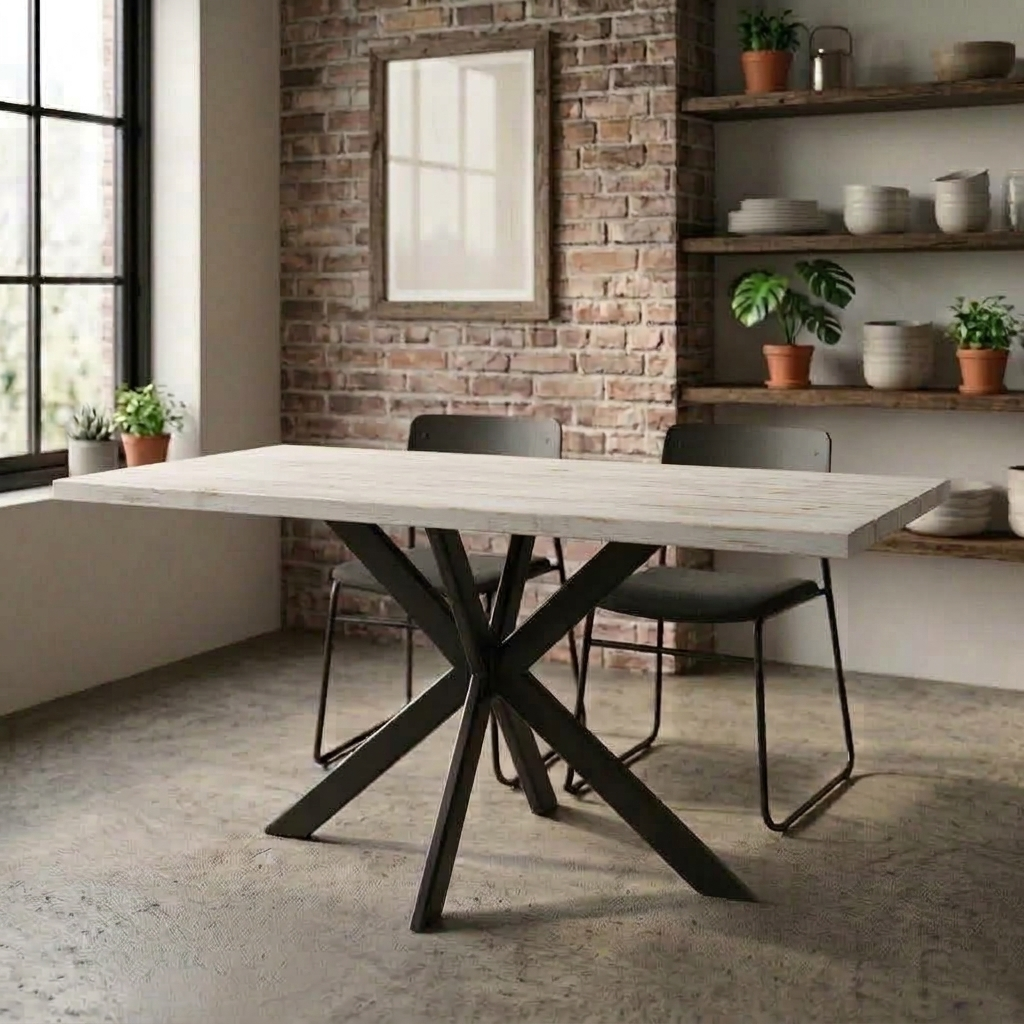 Whitewash Moderne eetkamer met een whitewash houten tafel, zwarte stoelen, een bakstenen muur, planken en potplanten.
