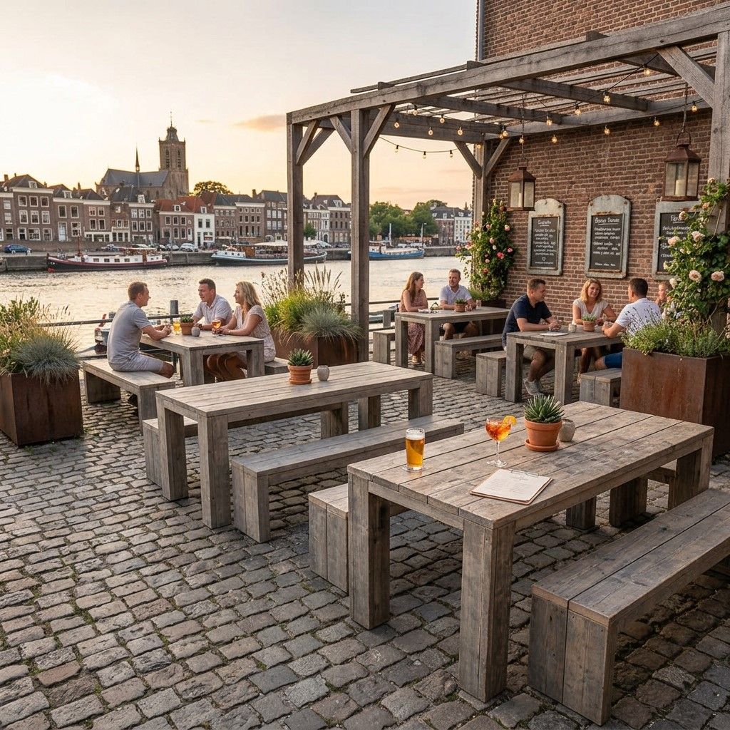 Een terras aan de rivier met houten tafels, een geplaveid terras en mensen die bij zonsondergang aan het water zitten.