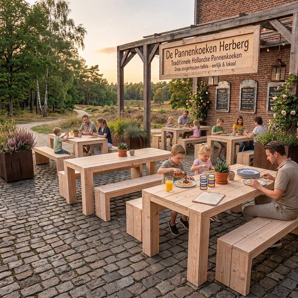 Een terrasje bij een bakstenen boerderijherberg, waar mensen aan houten tafels zitten in het warme avondlicht.