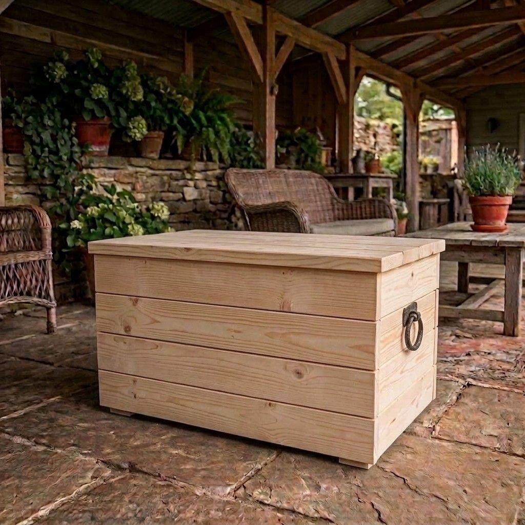 Blanke houten kist op een stenen terras onder een overdekte veranda, met rieten meubels en potplanten eromheen.