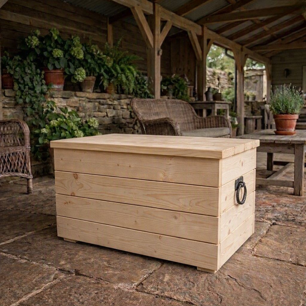 Houten opbergkist op een rustieke veranda met rieten meubels en potplanten.