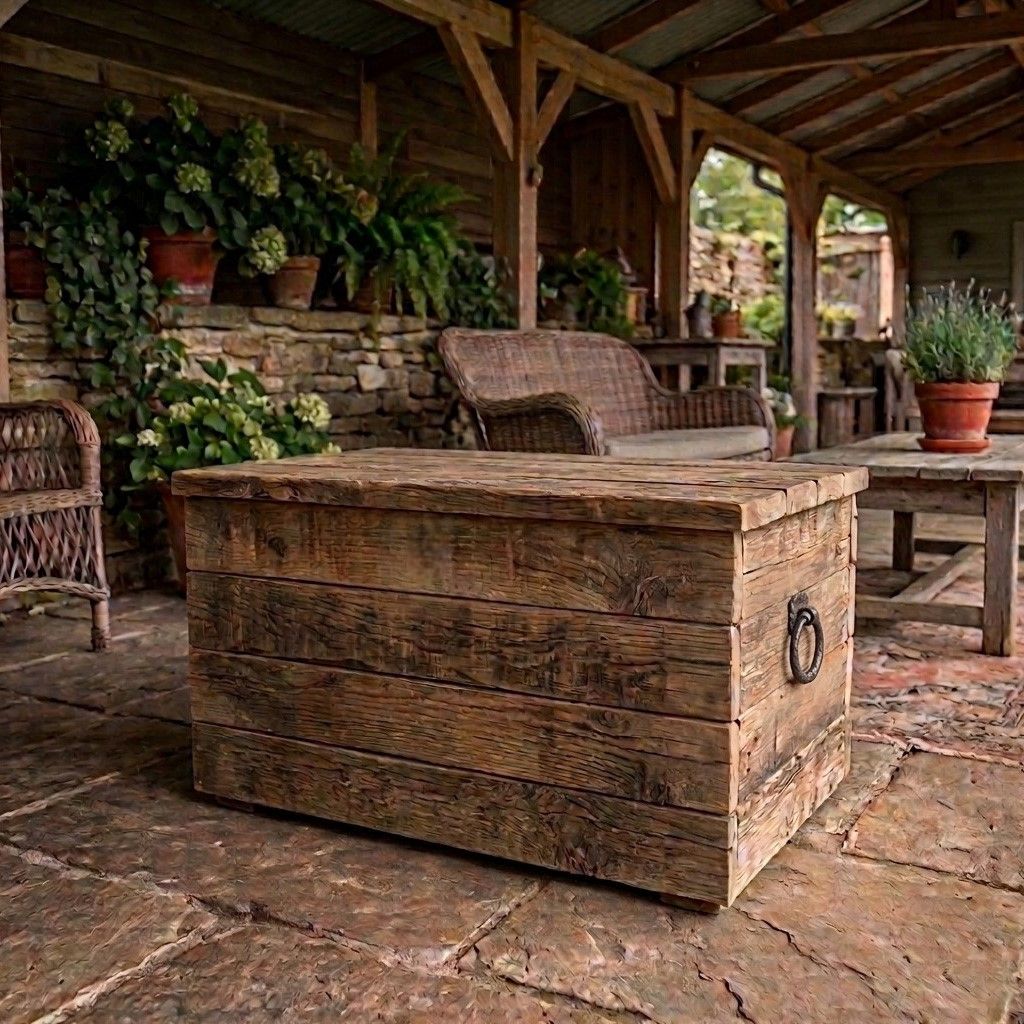 Een rustieke houten kist op een stenen terras onder een overdekte veranda, met rieten meubels en potplanten eromheen.