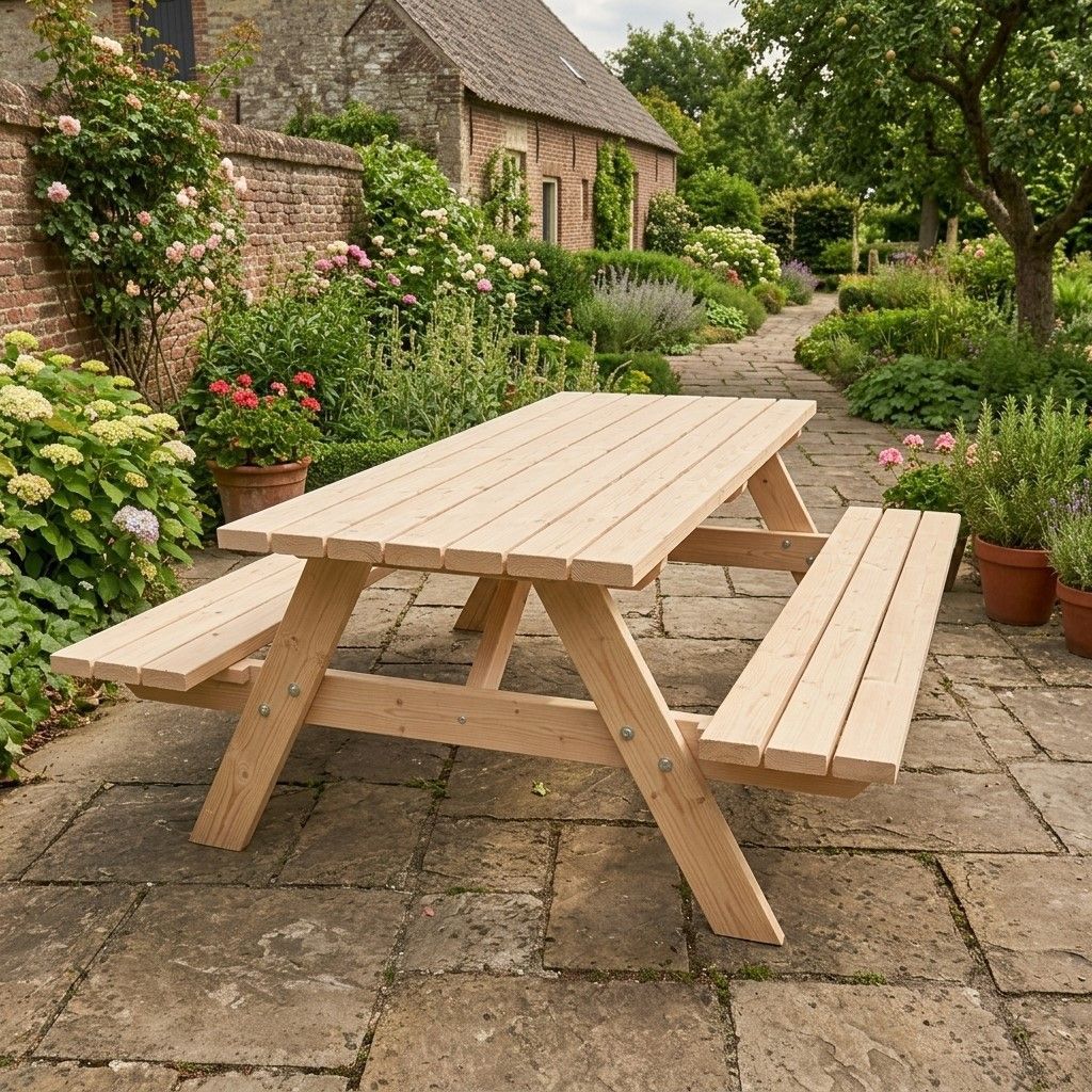Een houten picknicktafel met banken op een stenen terras in een weelderige binnentuin.