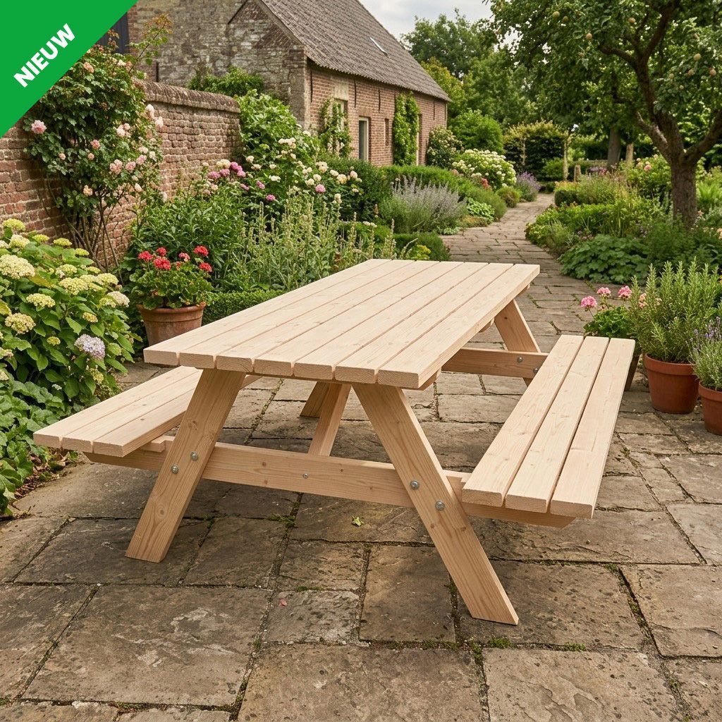 Een houten picknicktafel met banken op een stenen terras in een weelderige binnentuin.