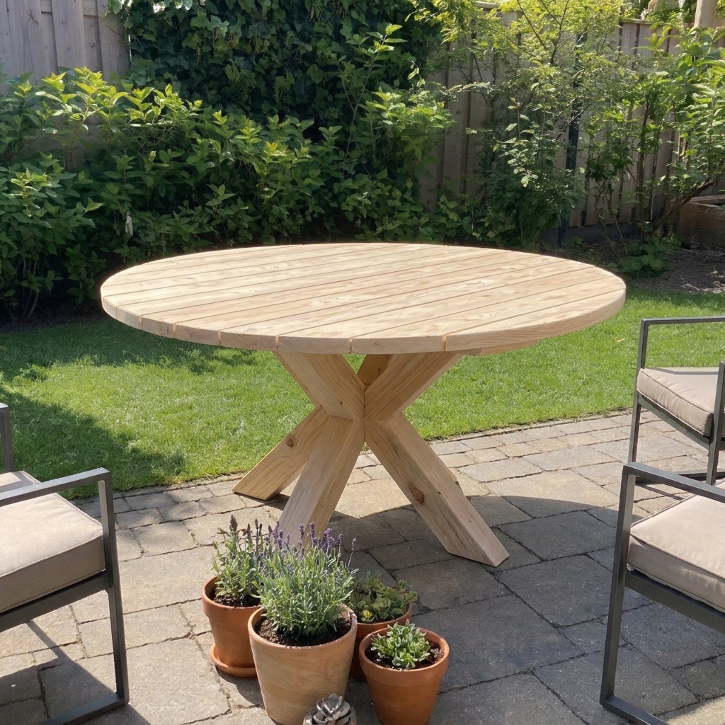 Ronde steigerhouten tuintafel op een stenen terras met planten in potten, omringd door weelderig groen en stoelen