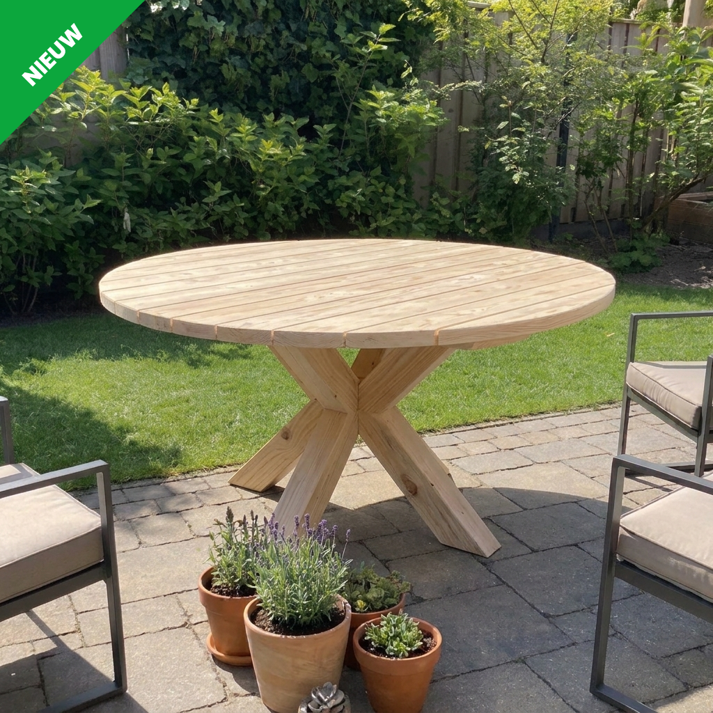 Ronde houten tuintafel op een terras, met potplanten en tuinstoelen in een achtertuin.