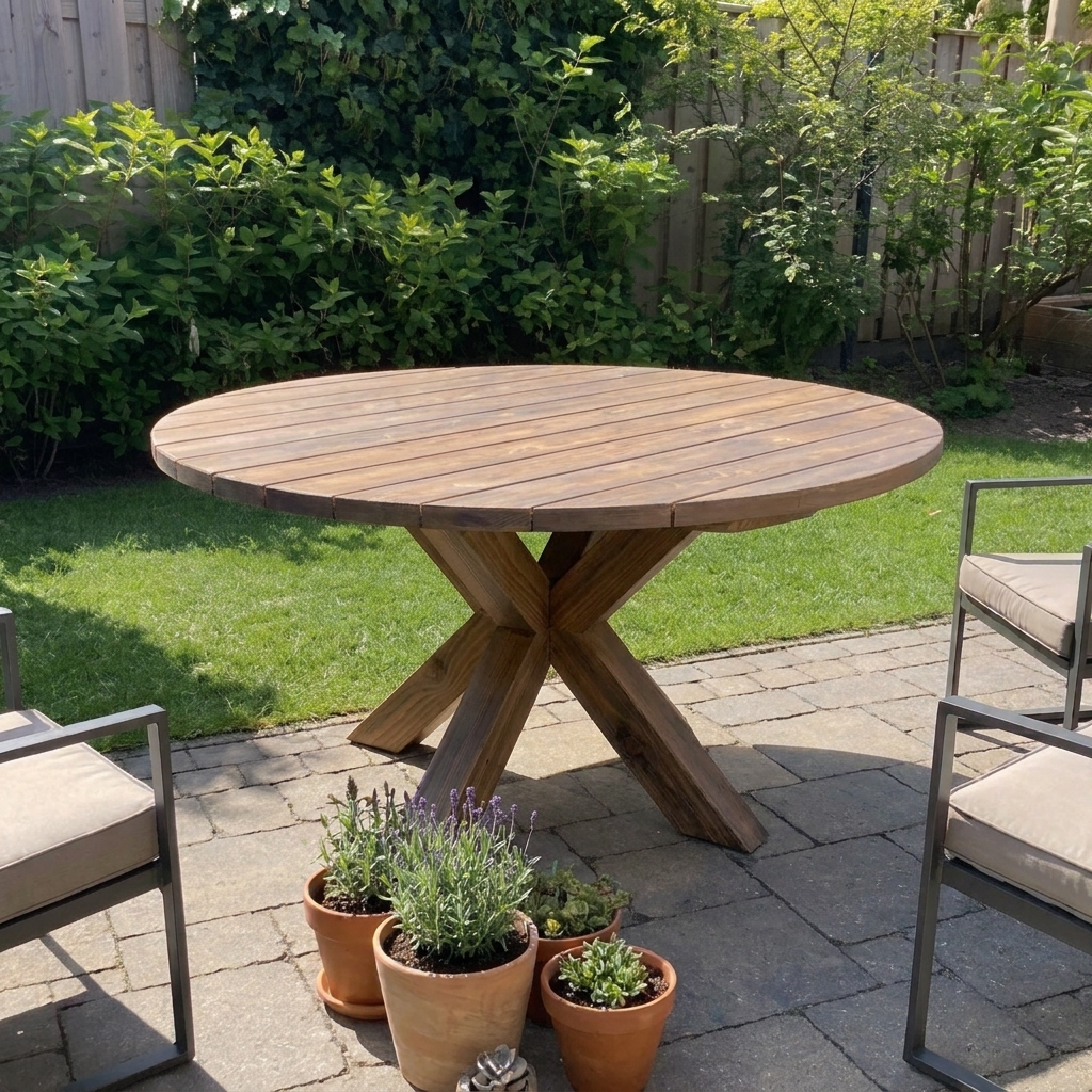 Brownwash Ronde houten tuintafel in een tuin, met kruiden in potten op een stenen terras en stoelen aan weerszijden