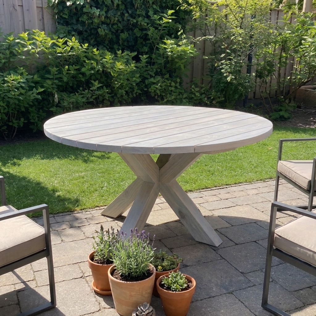 Greywash Ronde grijze tuintafel op een terras met potplanten en stoelen, met een groene tuin op de achtergrond.