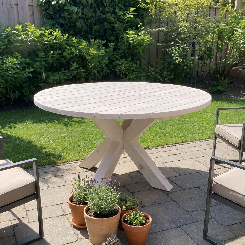 Whitewash Ronde witte buitentafel op een terras met potplanten, omringd door een gazon en bomen