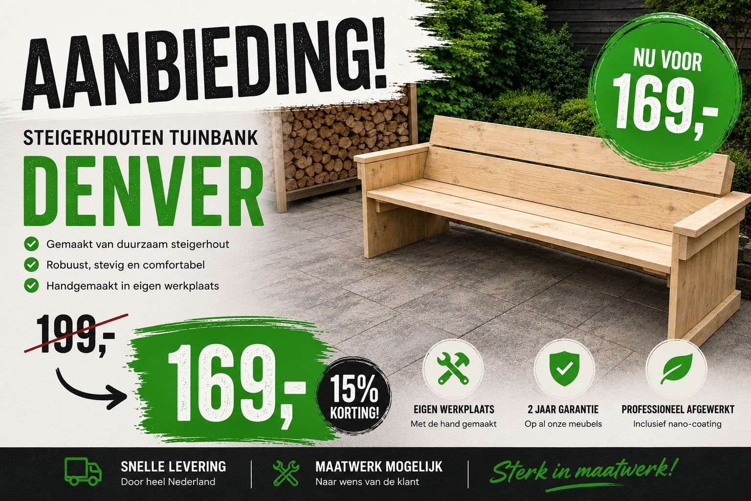 Advertentie voor een houten tuinbank van het merk Denver, beige met groene prijskaartjes 169€