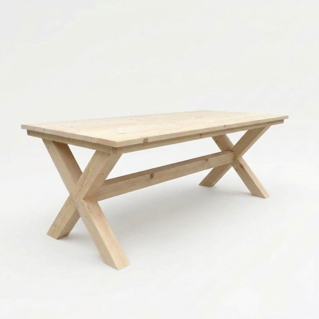 Licht steigerhouten eettafel met schuin geplaatste X-vormige poten op een witte achtergrond
