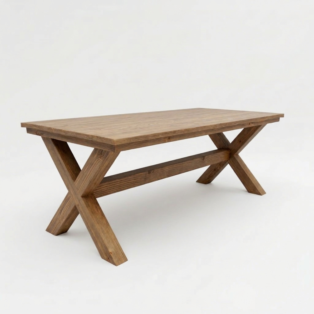 Rustieke houten eettafel met X-vormige poten tegen een witte achtergrond