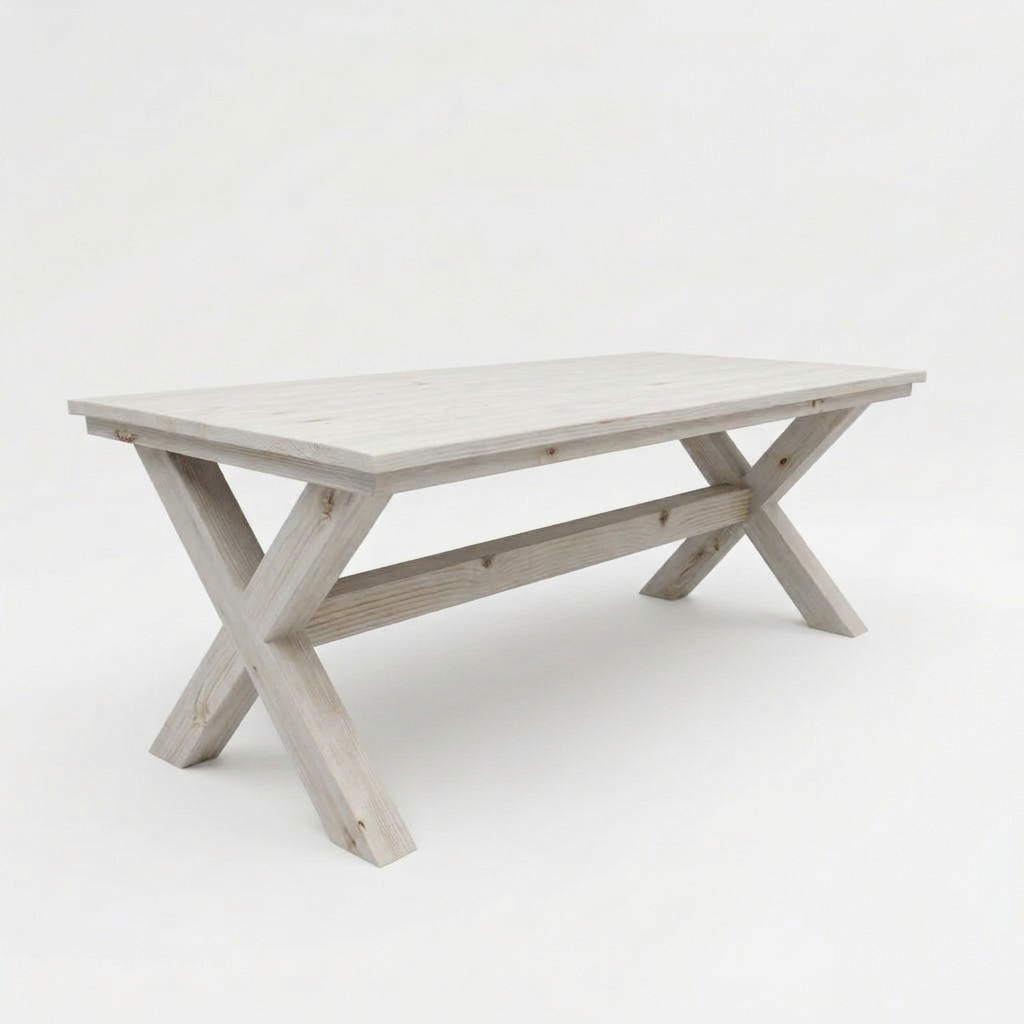 Grijze houten eettafel met X-vormige poten tegen een effen witte achtergrond