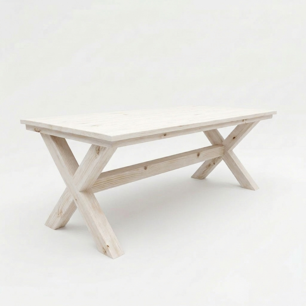 Witte houten eettafel met X-vormige poten op een effen witte achtergrond