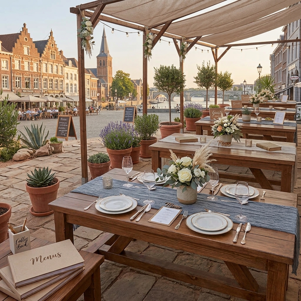 Brownwash Terras van een café in de buitenlucht met houten tafels, witte bloemstukken en stadsgebouwen op de achtergrond.