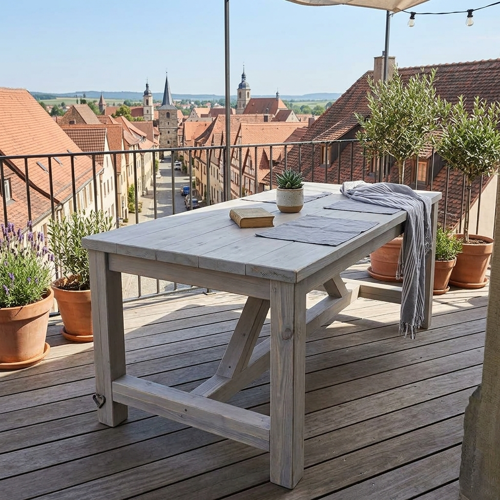 Greywash Zonnig dakterras met een grijze houten tafel, potplanten en uitzicht over de stad, over de balustrade heen.