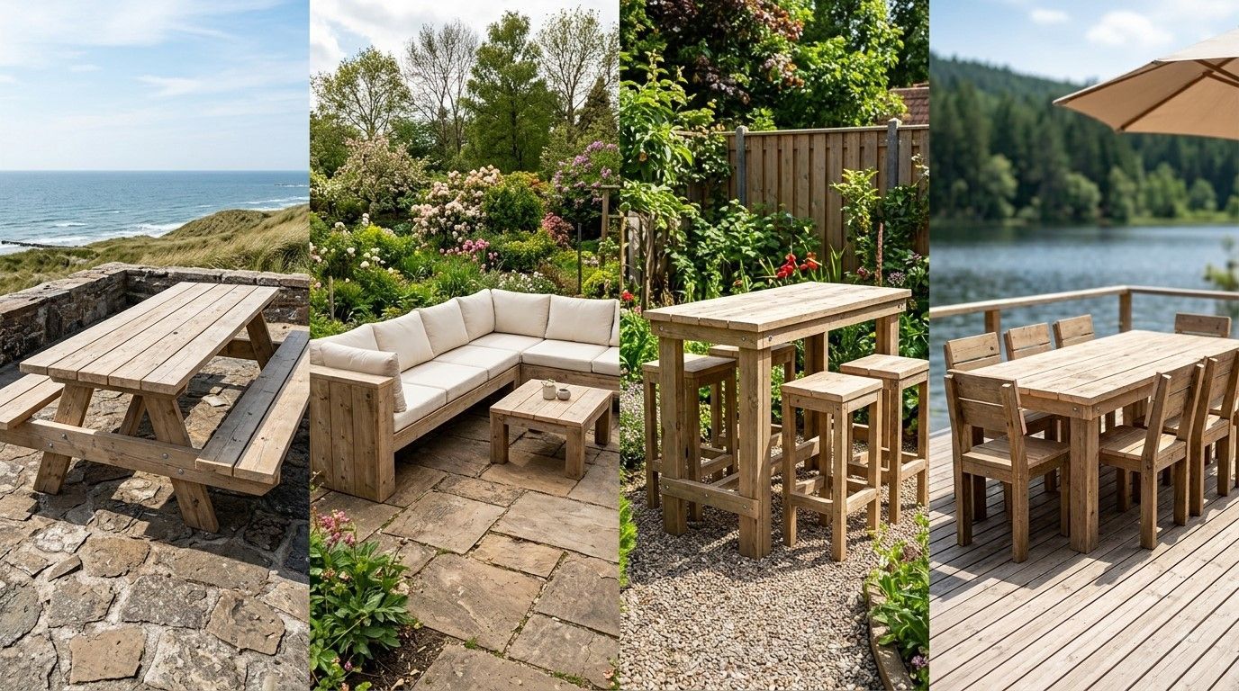 Houten meubels en -stoelen bij een zwembad met uitzicht op de oceaan en de tuin.