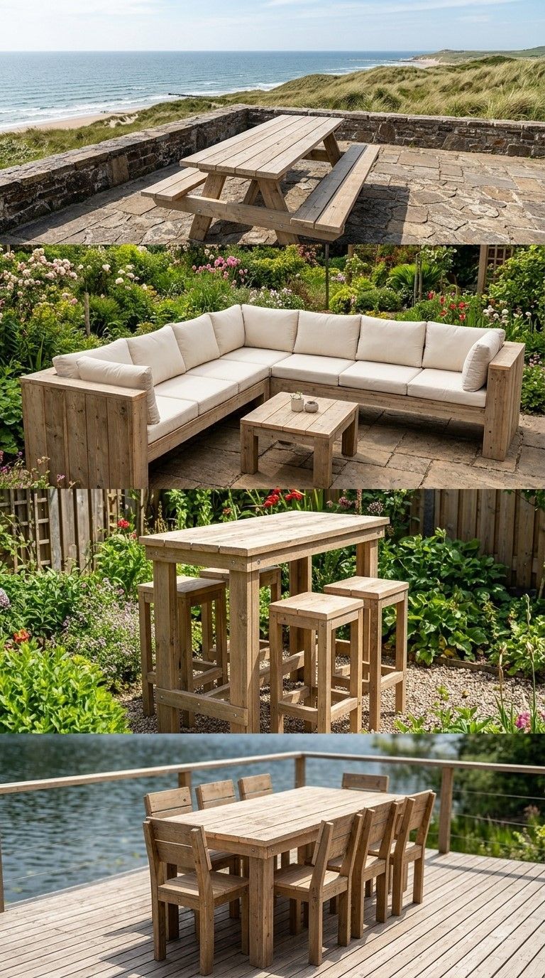 Een tuinset van steigerhouten terrasmeubilair in een kusttuin met stenen muren en uitzicht op de oceaan.
