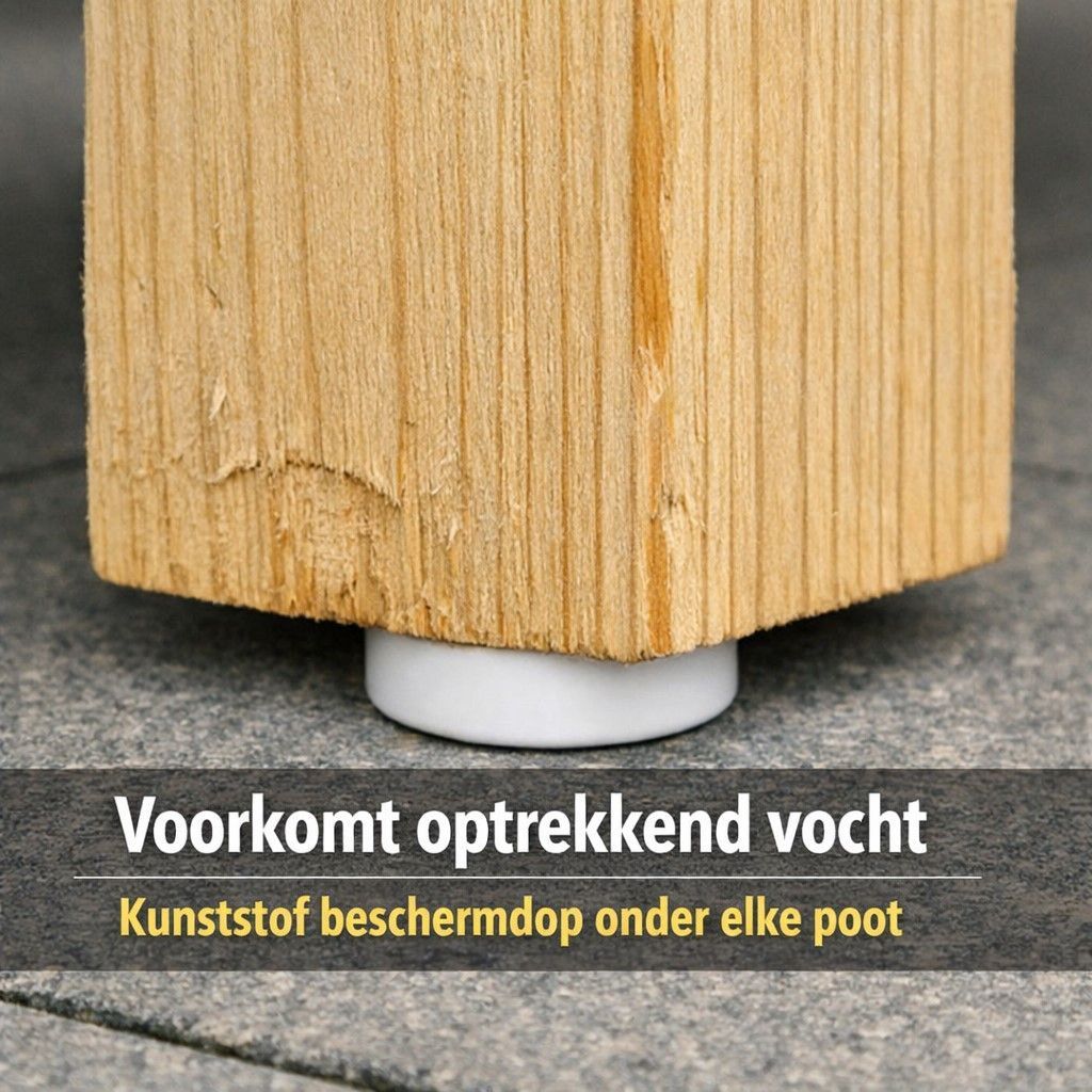 Houten poot met witte plastic dop ter bescherming tegen vochtschade; Nederlandse tekst erop.