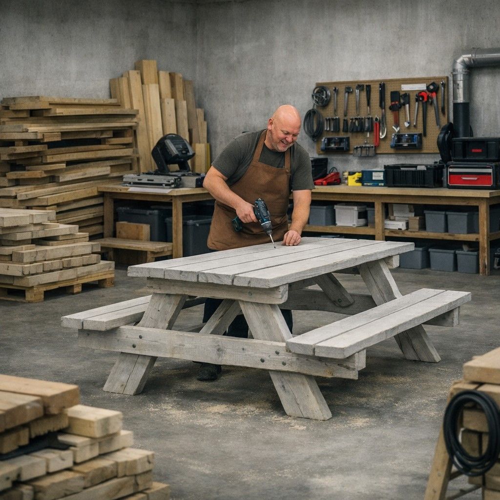 Een man monteert een witte picknicktafel in een werkplaats, omringd door hout en gereedschap.