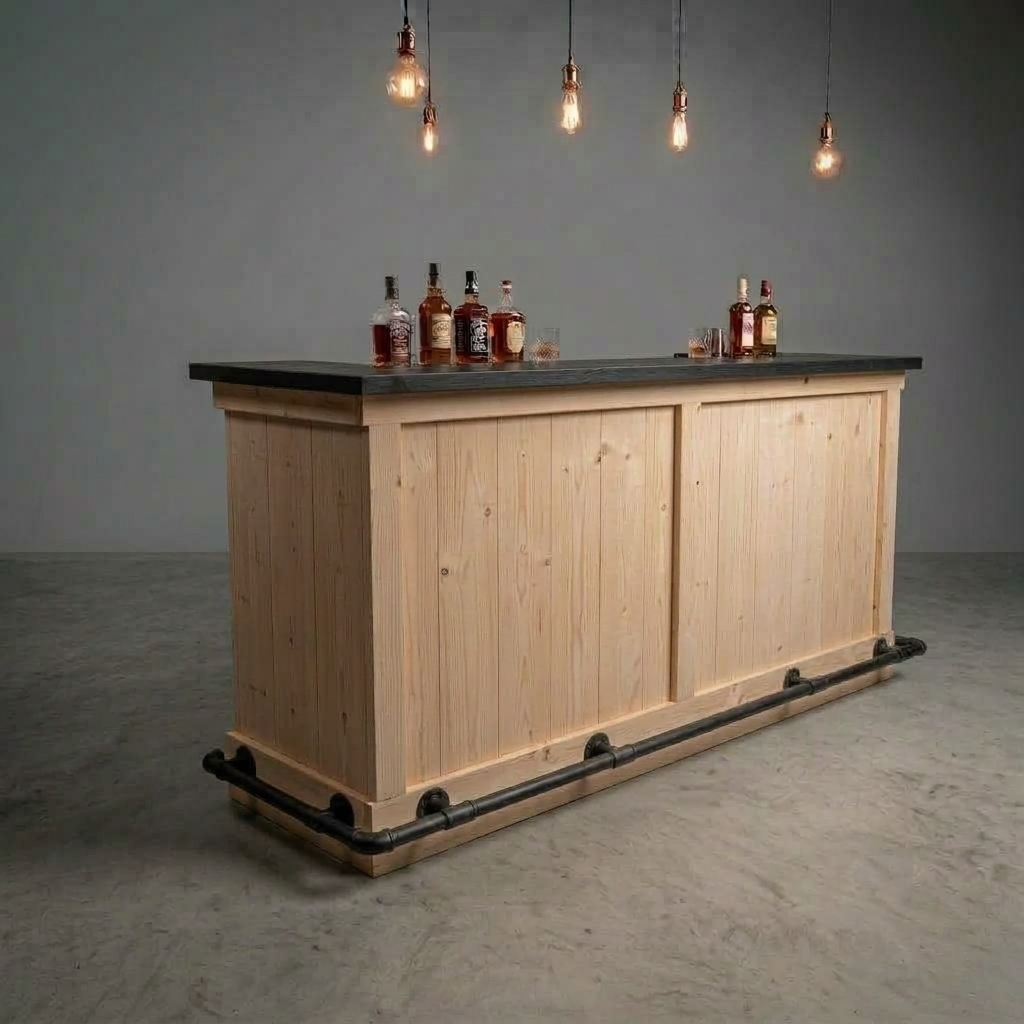 blanke, rustieke bar met flessen erop, onder hangende pendellampen in een grijze studio.