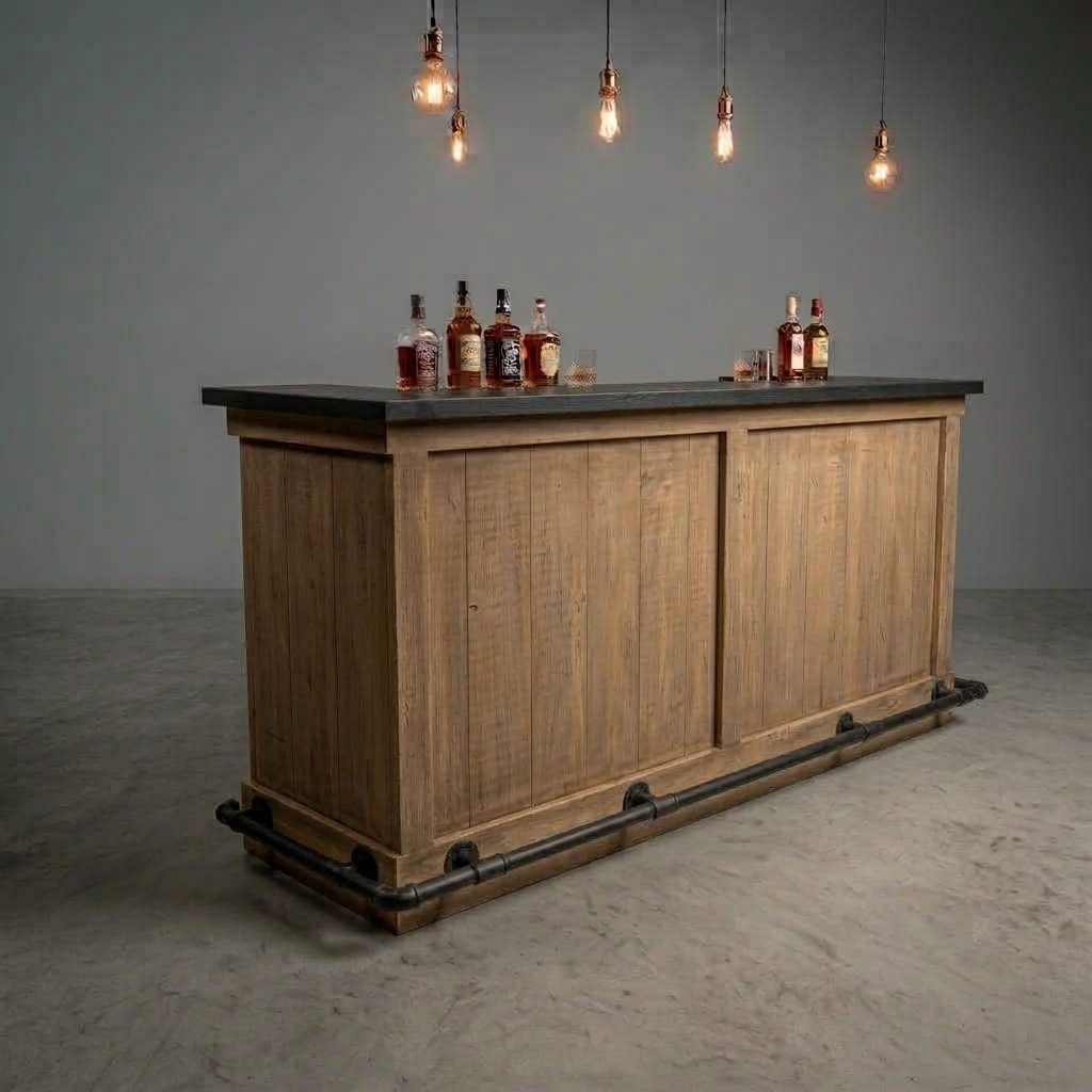 Brownwash Houten bar met flessen en hanglampen in een grijze studio-omgeving.