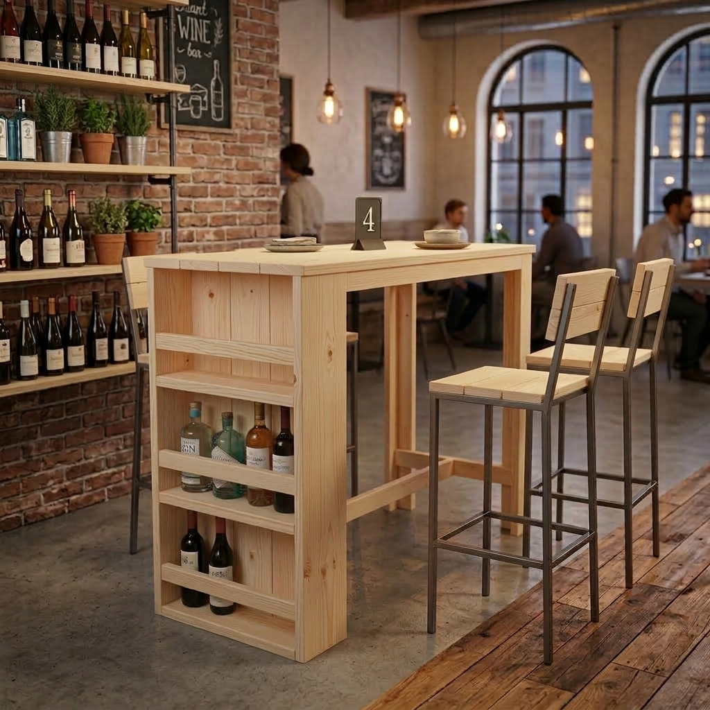 Moderne wijntafel, barkrukken, bakstenen wandplanken en zittende gasten op de achtergrond.