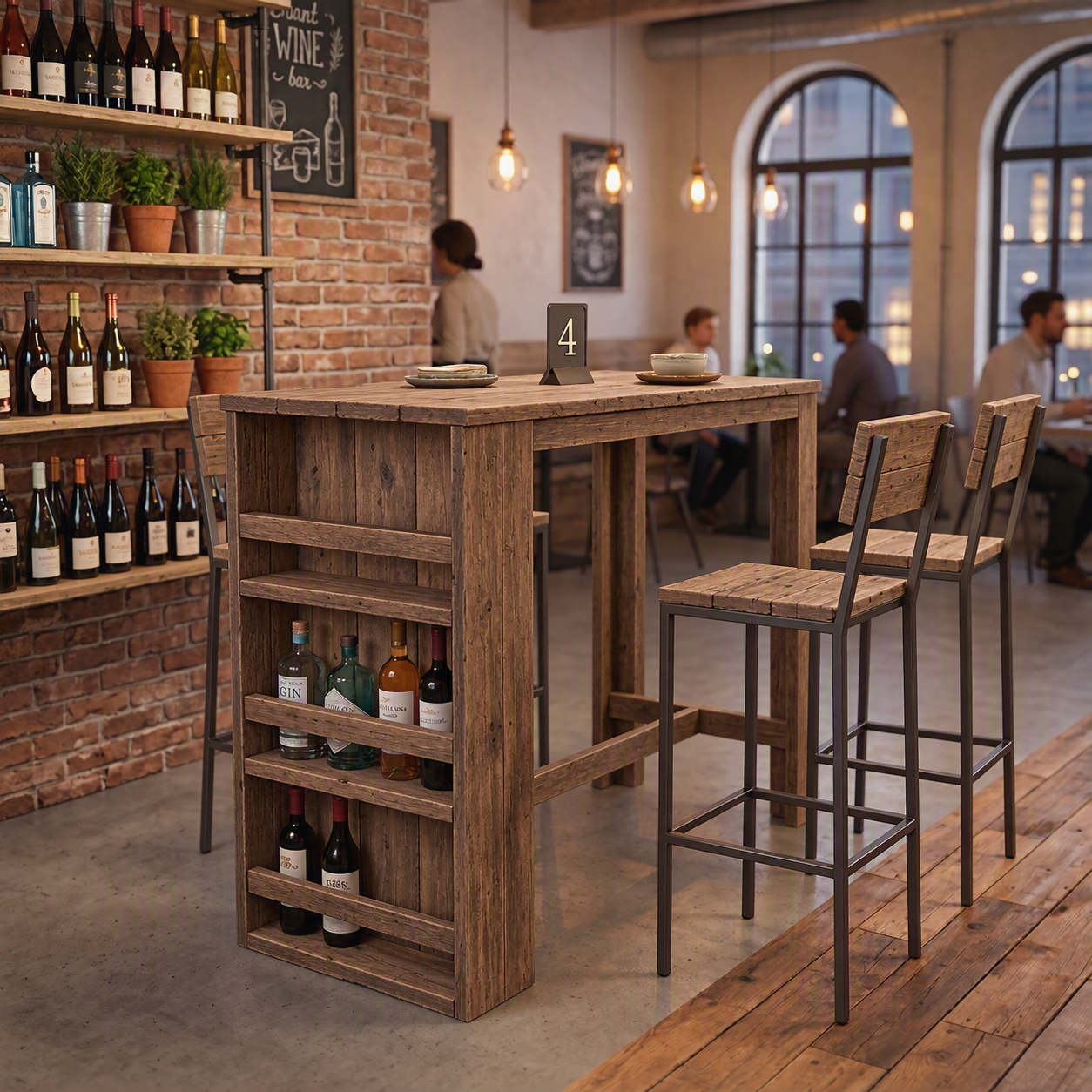 Brownwash Rustieke wijntafel met houten tafels, flessenrekken en gasten die plaatsnemen bij de boogvormige ramen.