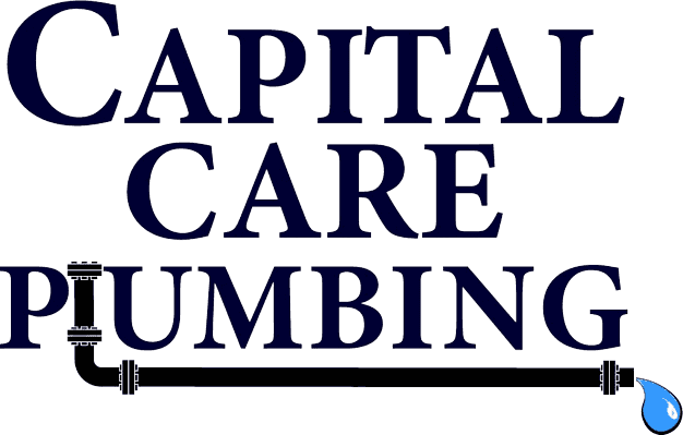 A logo for capital care plumbing with a pipe and a drop of water
