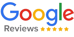 A google review logo with five stars on a white background.