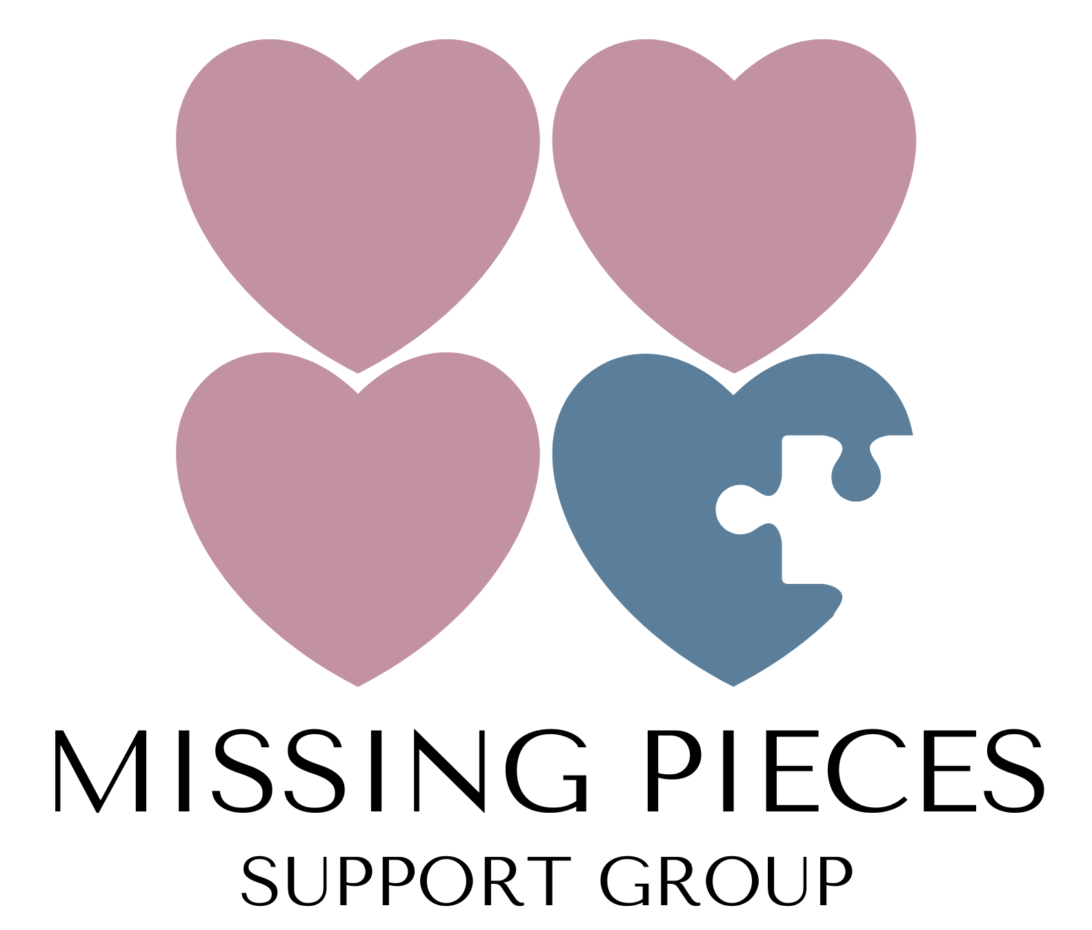 The logo for the missing pieces support group shows two hearts and a puzzle piece.