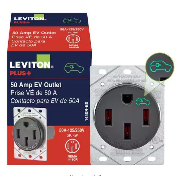 Leviton 50A EV outlet package with gray wall receptacle and box, red and black packaging