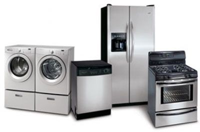 Household appliances including washer, dryer, dishwasher, refrigerator, and oven
