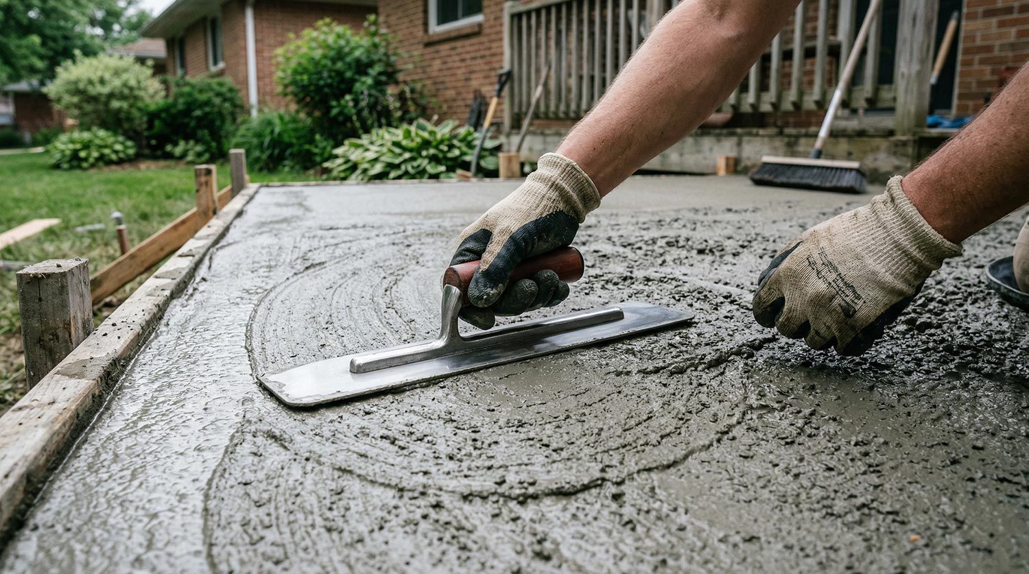Expert worker smoothing wet cement, provided by a professional concrete patio contractor. Hands smoothing wet concrete with a trowel outdoors beside a brick house.