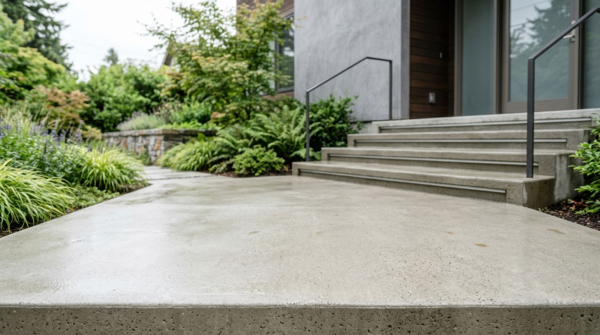 Smooth, minimalist concrete front path by a certified concrete patio contractor near a lawn.