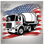 Concrete mixer truck with American flag background and red, white, and blue paint splashes