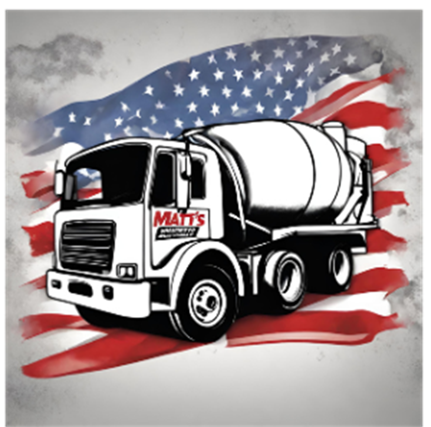 Matt's Concrete Service Concrete mixer truck with American flag background and red, white, and blue paint splashes