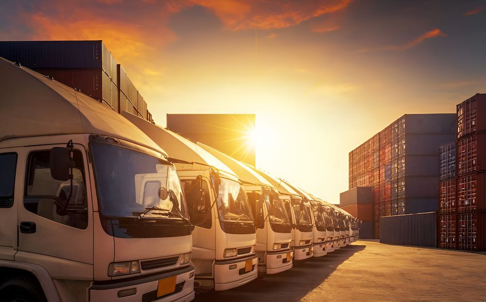 A Row Of Trucks Are Parked In A Warehouse — Wood Cabinet Hardware Distributors In Bungalow, QLD