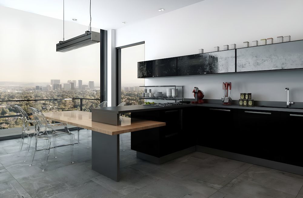 A Kitchen With Black Cabinets And A Wooden Table — Wood Cabinet Hardware Distributors In Bungalow, QLD
