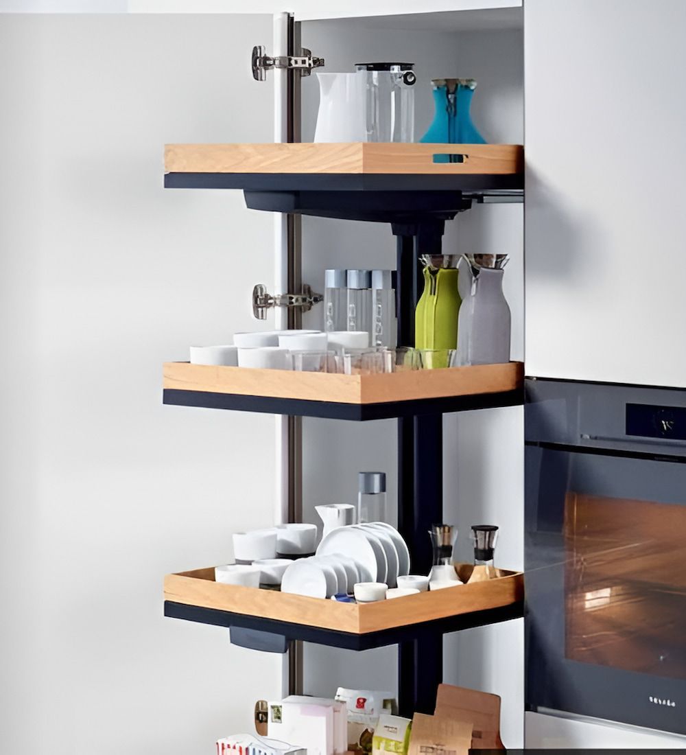 A Kitchen Cabinet Filled With Dishes And Bottles — Wood Cabinet Hardware Distributors In Bungalow, QLD
