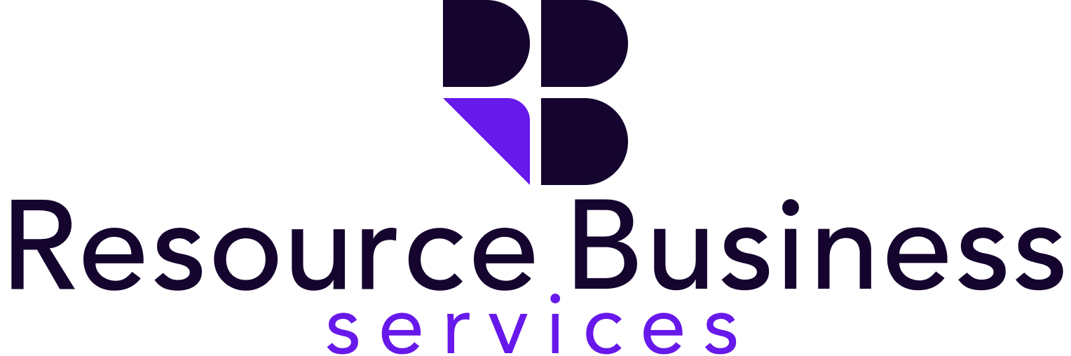 A logo for resource business services with a purple b on a white background.
