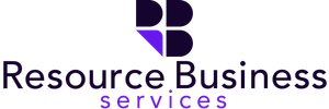 A logo for resource business services with a purple b on a white background.