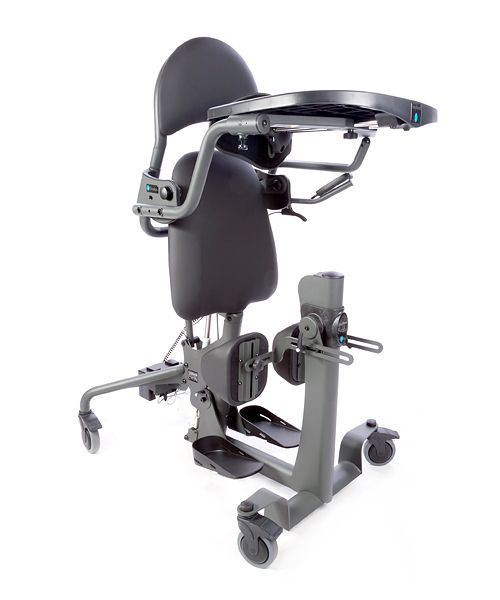 Evolv XT a black chair with wheels and a tray on top of it on a white background .