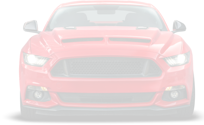Red Ford Mustang, frontal view, slightly blurred, against a white background. | RX Automotive